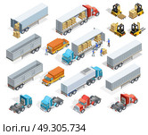 Transportation Isometric Elements Set. Transportation isometric elements set with loaded and empty trucks trailers boxes forklifts and workers isolated vector illustration. Стоковая иллюстрация, агентство Ingram Publishing / Фотобанк Лори