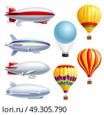 Airship Realistic Icon Set. Airship realistic icon set with different types of planes dirigible and air balloons vector illustration. Стоковая иллюстрация, агентство Ingram Publishing / Фотобанк Лори