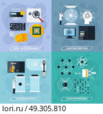 Quantum Processes 2x2 Design Concept. Quantum processes 2x2 design concept with elements of molecular structure modern technologies and scientific experiments flat vector Illustration. Стоковая иллюстрация, агентство Ingram Publishing / Фотобанк Лори