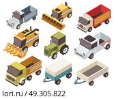 Farm Vehicles Isometric Set. Farm vehicles isometric set with various type of trucks harvesters tractor and trailers isolated vector illustration . Стоковая иллюстрация, агентство Ingram Publishing / Фотобанк Лори