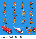 Fireman Isometric Set. Fireman isometric set of firefighters in different situations truck helicopter extinguisher axe hose helmet isolated vector illustration. Стоковая иллюстрация, агентство Ingram Publishing / Фотобанк Лори