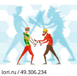 Cybersport Esport Games VR Flat Poster. Cybersport virtual reality players vision flat espor poster with gamers in masks with smartphones  abstract vector illustration . Стоковая иллюстрация, агентство Ingram Publishing / Фотобанк Лори