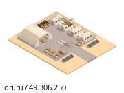 Beige Military Isometric Composition. Beige color military isometric composition with with helipad and parking guarded area vector illustration. Стоковая иллюстрация, агентство Ingram Publishing / Фотобанк Лори