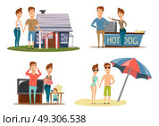Couple Vacation Compositions Set. Marriage divorce concept collection of four isolated compositions with various episodes from life of married couple vector illustration. Стоковая иллюстрация, агентство Ingram Publishing / Фотобанк Лори