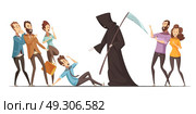 Death Fear Phobia Anxiety Cartoon Composition  . Fear of death obsession unknown phobia and anxiety physical mental and emotional symptoms  retro cartoon composition poster . Стоковое фото, агентство Ingram Publishing / Фотобанк Лори