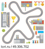Gaming Race Track Composition. Composition with curvy racing track garages service stations and race car images cup and medals icons vector illustration. Стоковая иллюстрация, агентство Ingram Publishing / Фотобанк Лори