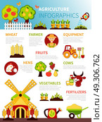 Agriculture Farm Infographic Poster. Agriculture infographics with flat trees fruits outdoor bed vegetables farming equipment watering pot barrow with text vector illustration. Стоковая иллюстрация, агентство Ingram Publishing / Фотобанк Лори