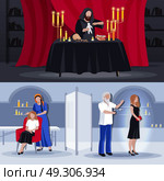Colored Hypnotism Extrasensory Composition. Two colored horizontal hypnotism extrasensory composition with use of black magic and treated with hand vector illustration. Стоковая иллюстрация, агентство Ingram Publishing / Фотобанк Лори