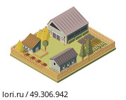 Ranch Isometric Layout. Ranch isometric layout with barn and sheds stacks of hay garden beds and wooden fence vector illustration. Стоковая иллюстрация, агентство Ingram Publishing / Фотобанк Лори