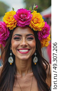 A close-up of a woman face adorned with a traditional Mexican floral crown, her expression filled with pride as she dances during Cinco de Mayo, Independence Day, Fiesta and festival. Стоковое AI-видео, аниматор Sergey Grishin / Фотобанк Лори