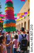 A close-up of a vibrant pinata hanging under a festive arch, decorated with colorful papel picado, as children gather around. Cinco de Mayo. Independence Day. Fiesta and festival vibes. Стоковое AI-видео, аниматор Sergey Grishin / Фотобанк Лори
