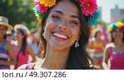 A close-up of a woman face adorned with a traditional Mexican floral crown, her expression filled with pride as she dances during Cinco de Mayo, Independence Day, Fiesta and festival. Стоковое AI-видео, аниматор Sergey Grishin / Фотобанк Лори