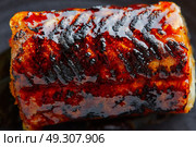 Grilled smoked eel on black plate macro closeup detail. Стоковое фото, агентство Ingram Publishing / Фотобанк Лори