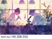 Two professionals analyzing specimens using microscopes in a laboratory setting. Стоковое AI-изображение, AI-художник Данила Большаков / Фотобанк Лори