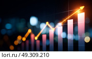 Financial growth chart illustrating rising trends in market performance with blurred city lights in the background. Стоковое AI-изображение, AI-художник Сергей Толмачёв / Фотобанк Лори