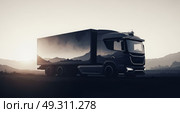 Концептуальный акварельный рисунок автономного грузовика в стиле цифровой живописи, демонстрирующий будущее грузоперевозок на фоне горного пейзажа. Редакционное AI-изображение, AI-художник Ирина Першина / Фотобанк Лори