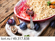 crumble dessert with plum. traditional pie crumb pastry with a plum. Стоковое фото, агентство Ingram Publishing / Фотобанк Лори