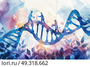 A watercolor painting depicting a detailed and colorful representation of a double helix DNA strand. Стоковое AI-изображение, AI-художник Данила Большаков / Фотобанк Лори
