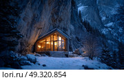 Remote emergency shelter lit from inside on a snowy cliffside. Life in permafrost conditions, climate change problems on the planet. Global warming. Стоковое AI-изображение, AI-художник ALLA YURTAYEVA / Фотобанк Лори