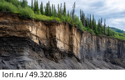 Permafrost layers exposed on eroding cliff, geological detail. Life in permafrost conditions, climate change problems on the planet. Global warming. Стоковое AI-изображение, AI-художник ALLA YURTAYEVA / Фотобанк Лори