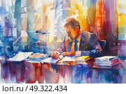 A painting depicting a man seated at a desk, focused on writing. The scene captures the concentration and activity of the man engrossed in his work. Стоковое AI-изображение, AI-художник Данила Большаков / Фотобанк Лори