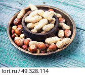 hazelnuts and peanuts. nut peanuts,hazelnuts in the shell and chipped in a bowl. Стоковое фото, агентство Ingram Publishing / Фотобанк Лори