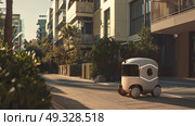 Future of urban logistics, compact robot delivery maneuvering between apartment buildings. Стоковое AI-изображение, AI-художник Светлана Леуто / Фотобанк Лори