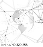 Abstract futuristic background with connecting lines and dots, polygonal linear texture. World globe on white. Global network connections, geometric design, dig data technology digital concept.. Abstract futuristic background with connecting lines and dots, polygonal linear texture. World globe on white. Global network connections, geometric design, dig data technology digital concept. Стоковая иллюстрация, агентство Ingram Publishing / Фотобанк Лори