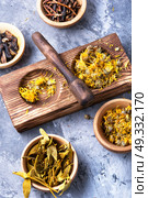 set of dried medicinal plants. Collection of medicinal herbs and plants in wooden mortar with a pestle. Стоковое фото, агентство Ingram Publishing / Фотобанк Лори