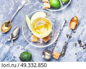 Tea with lime and feijoa. Hot tea with feijoa and lime on blue background. Стоковое фото, агентство Ingram Publishing / Фотобанк Лори
