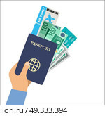 Man hand holding passport, air ticket and money. Vector illustration. Стоковая иллюстрация, агентство Ingram Publishing / Фотобанк Лори