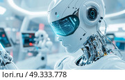Futuristic Robots that are Positioned in a Sophisticated HighTech Environment, Emphasizing Innovation and Technology. Стоковое AI-изображение, AI-художник Anastasy Yarmolovich / Фотобанк Лори