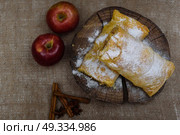 Apple strudel on wooden end of a tree with apples, cinnamon and star anise. Стоковое фото, агентство Ingram Publishing / Фотобанк Лори