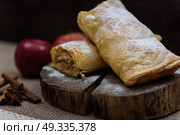 Apple strudel on wooden end of a tree with apples, cinnamon and star anise. Стоковое фото, агентство Ingram Publishing / Фотобанк Лори