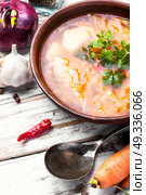 Ukrainian national food-borshch. Traditional food of national Ukrainian cuisine. Borscht with meat and vegetables. Стоковое фото, агентство Ingram Publishing / Фотобанк Лори