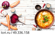 Ukrainian national food-borshch. Homemade food of national Ukrainian cuisine. Borscht with meat and vegetables. Стоковое фото, агентство Ingram Publishing / Фотобанк Лори