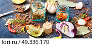 Big set of spices. Large set of spices and condiments for cooking.Food and cuisine ingredients. Стоковое фото, агентство Ingram Publishing / Фотобанк Лори