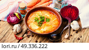 Ukrainian national borshch. food of national Ukrainian cuisine. Borscht with meat and vegetables. Стоковое фото, агентство Ingram Publishing / Фотобанк Лори