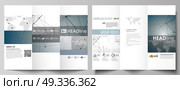 Tri-fold brochure business templates on both sides. Easy editable abstract vector layout in flat design. DNA and neurons molecule structure. Medicine, science, technology concept. Scalable graphic.. Tri-fold brochure business templates on both sides. Easy editable abstract vector layout in flat design. DNA and neurons molecule structure. Medicine, science, technology concept. Scalable graphic. Стоковая иллюстрация, агентство Ingram Publishing / Фотобанк Лори