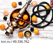 Nargile with mandarin. Smoking smoking shisha in east style with tobacco aroma of mandarin. Стоковое фото, агентство Ingram Publishing / Фотобанк Лори