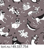 Playing dogs seamless pattern. Funny lap-dog, happy pug, mongrels and other breeds. Vector background for design. Playing dogs seamless pattern. Funny lap-dog, happy pug, mongrels and other breeds. Vector background for design. Стоковая иллюстрация, агентство Ingram Publishing / Фотобанк Лори