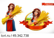 Woman with a sheaf of wheat. Peasant, farmer character and label. 3d vector icon. Стоковая иллюстрация, агентство Ingram Publishing / Фотобанк Лори