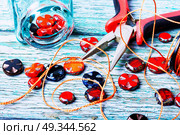 Making necklaces of glass beads.. Beads, colorful beads and tools for needlework.Czech glass beads. Стоковое фото, агентство Ingram Publishing / Фотобанк Лори