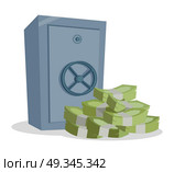 Accumulation and Saving Money concept Vector.. Accumulation and saving money vector concept. Banknotes stack and safe in flat style design. Security for savings. Illustration for credit, savings, charitable concepts. Isolated on white background. Стоковая иллюстрация, агентство Ingram Publishing / Фотобанк Лори
