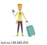 Traveling with Baggage Concept Illustration. Summer vacation concept. Traveling with baggage illustration. Flat style design. Smiling redheaded man with trolley suitcase holding documents. Isolated on white background. Стоковая иллюстрация, агентство Ingram Publishing / Фотобанк Лори