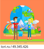 Smiling man and woman holding hands on planet Earth and nature background. Ecologist, environmentalist, nature protection activist or volunteer illustration. Flat design. International earth day.. Earth Day Celebrating Concept Vector Illustration. Стоковая иллюстрация, агентство Ingram Publishing / Фотобанк Лори
