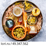 Alternative herbal medicine. Natural herbal medicine,medicinal herbs,roots and herbal medicinal tinctures.Natural herbs medicine. Стоковое фото, агентство Ingram Publishing / Фотобанк Лори
