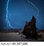 strong thunderstorm and powerful flashes of lightning against the background of the mountains.. Lightning in the mountains. Стоковое фото, агентство Ingram Publishing / Фотобанк Лори