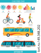 Car Free Day September 22 Vector Illustration. Car Free Day September 22 poster with different types of city transport like bike, yellow bus, moped and tram. Vector contains statistics and bar graph. Стоковая иллюстрация, агентство Ingram Publishing / Фотобанк Лори