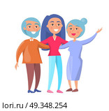 Happy Mature Family Wife and Husband and Daughter. Happy mature family wife and husband and their grown up daughter or granddaughter vector illustration isolated on white. Family members cartoon characters. Стоковая иллюстрация, агентство Ingram Publishing / Фотобанк Лори